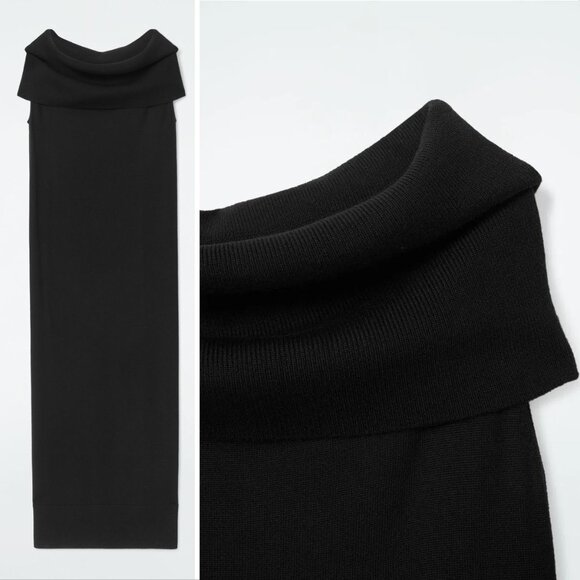 COS Merino Wool Bardot Maxi Sweater DRESS Size L Black Off The Shoulder NEW $150 - Picture 3 of 8